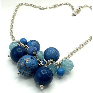 Blue Cluster Beaded Necklace With Silver-Tone Chain Adjustable Length